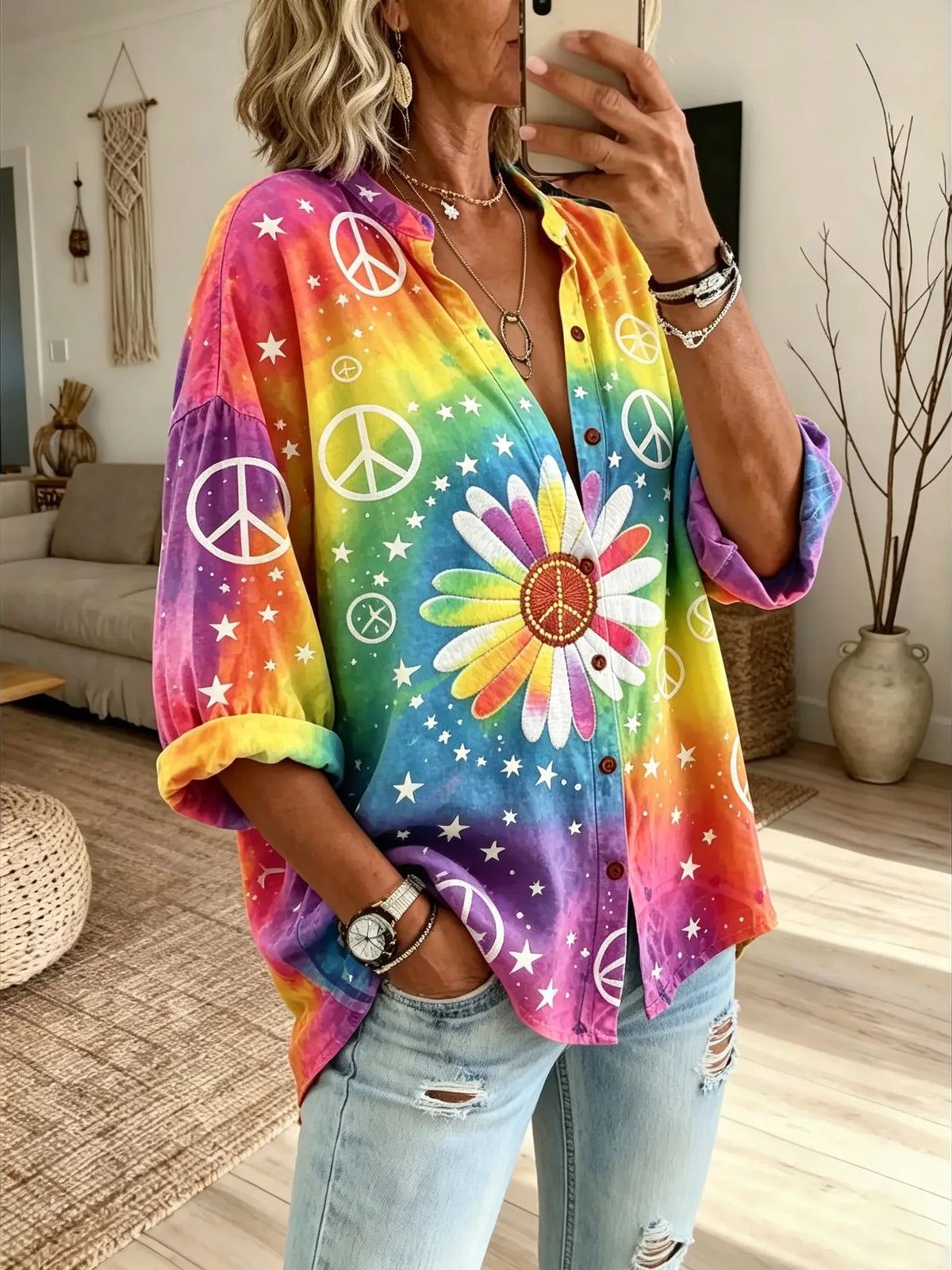 Women’s Rainbow Daisy Peace Symbol Shirt