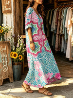 Women's Ethnic Geometric Diamond Color Block Print V-neck Maxi Dress