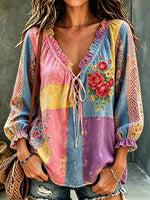 Women's Floral Rose Patchwork Print Tie-Neck Blouse