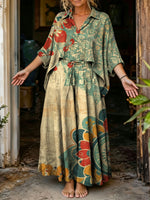 Women'ssolid Magenta Oversized Shirt & Patchwork Floral Wide Leg Pants Boho 2 Piece Set