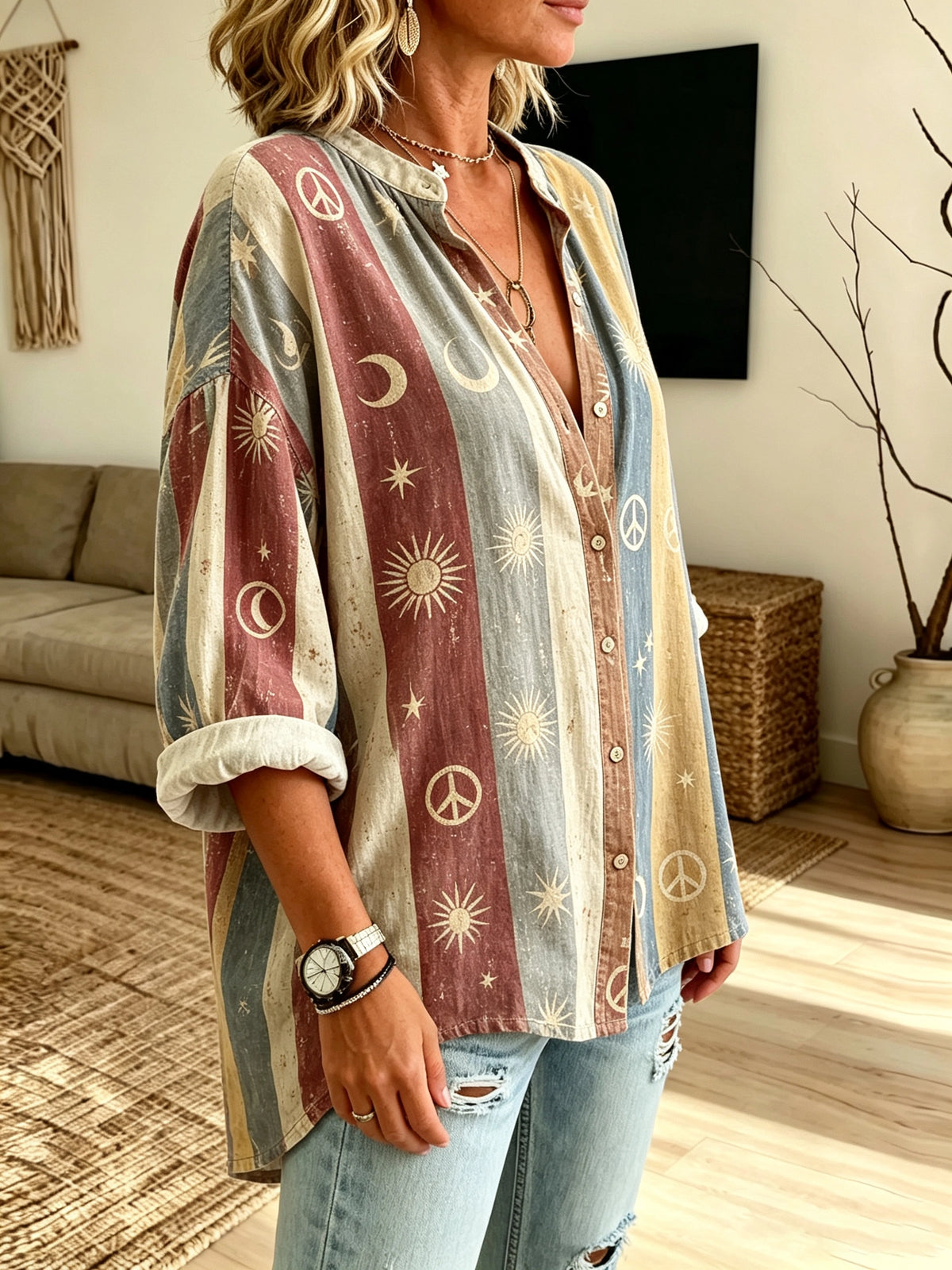 Women's Celestial Peace Stripe Print Button-Down Shirt