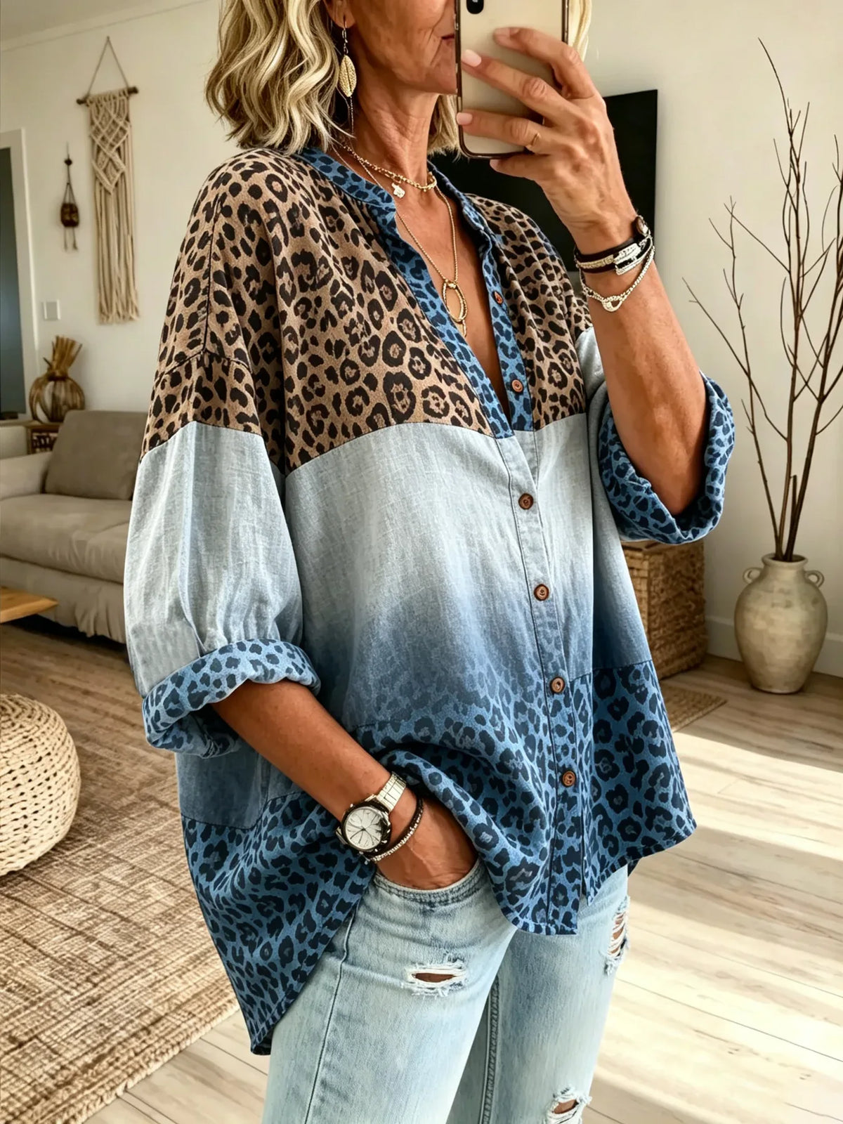 Women's Leopard Gradient Color Block Print Drop Shoulder Shirt