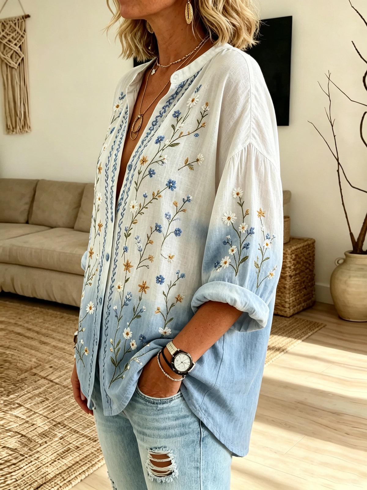 Women's Ombre Floral Print Button-Down Shirt
