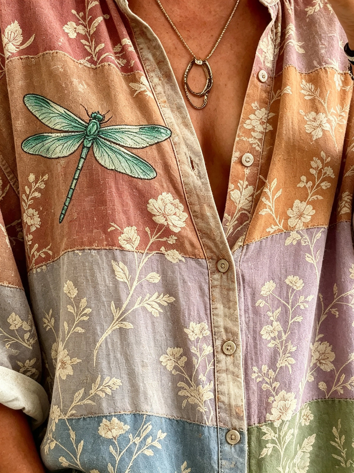 Women's Dragonfly Floral Patchwork Print Button-Down Shirt