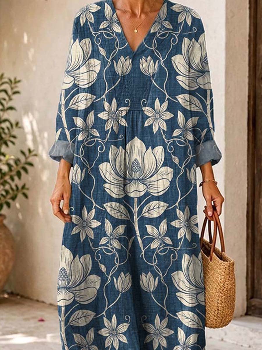 Retro Floral Pattern Art Print Casual V-neck Long Sleeve Cotton Linen Maxi Dress