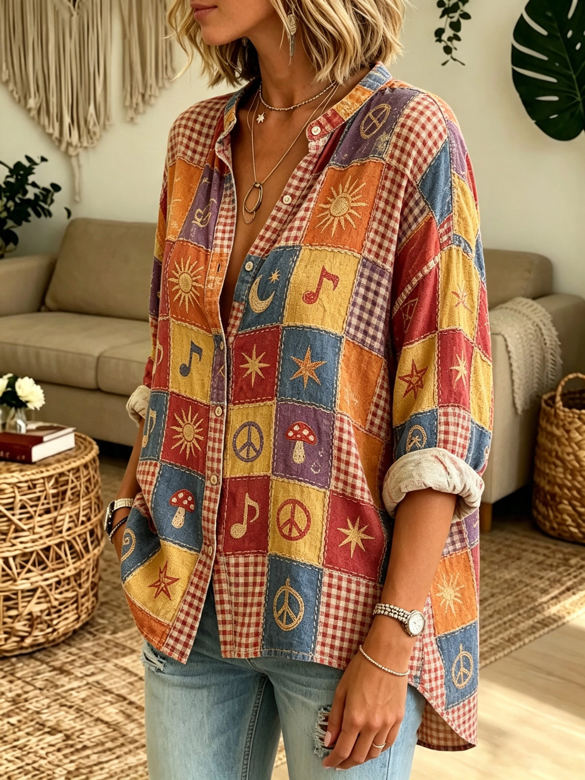 Women's Celestial Music Patchwork Print Button-Down Shirt