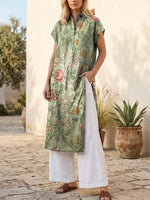 Retro Floral Pattern Art Print Casual Side Slits Stylish Cotton Linen Shirt