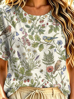 Women's Floral Birds Pattern Art Print Casual Short Sleeve Cotton Linen T-shirt