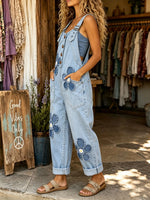 Women's Frayed Floral Patch Denim Overalls