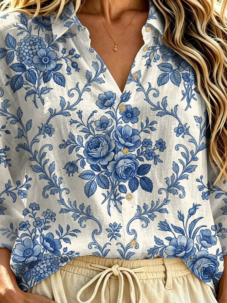 Women's Retro Floral Pattern Art Print Casual Long Sleeve Lapel Linen Shirt