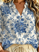 Women's Retro Floral Pattern Art Print Casual Long Sleeve Lapel Linen Shirt
