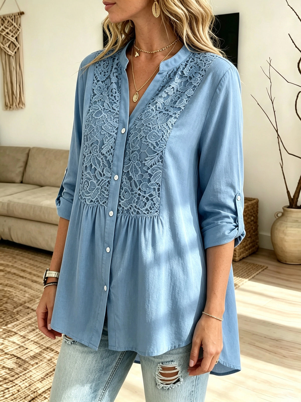 Women's Floral Crochet Lace Panel Blouse