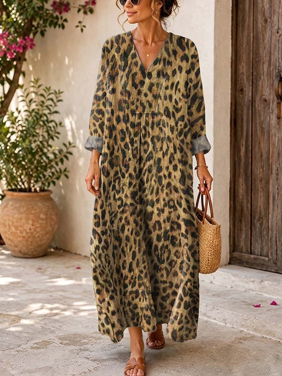 Retro Leopard Pattern Art Print Casual V-neck Long Sleeve Cotton Linen Maxi Dress