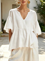 Women's Solid Color Ruffle Art Stylish Short Sleeve Cotton Linen Shirt