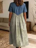 Women’s Denim Spliced White Line Floral Print Shirt Midi Dress With Pockets