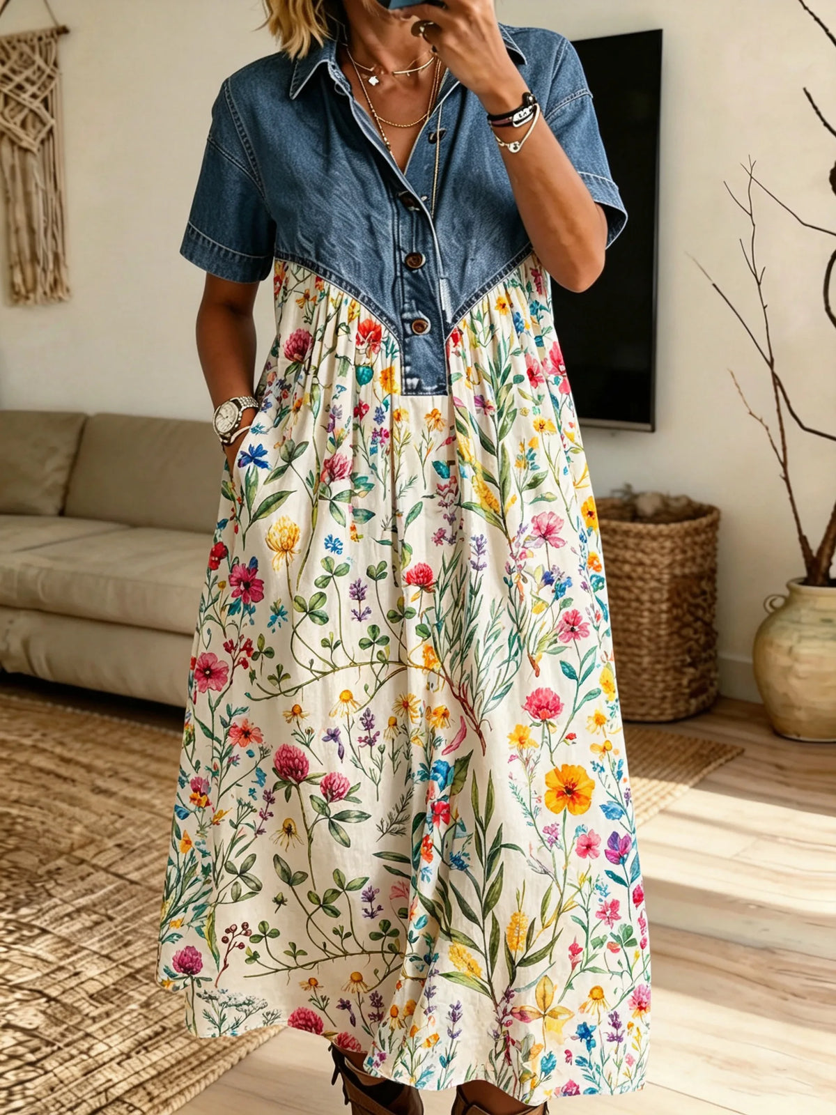 Women’s Colorful Wildflower Print Loose Midi Dress