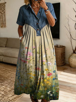 Women’s Denim Spliced Wildflower Meadow Print Midi Shirt Dress With Pockets