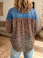 Women’s Distressed Denim Spliced Leopard Print Loose Button Down Blouse