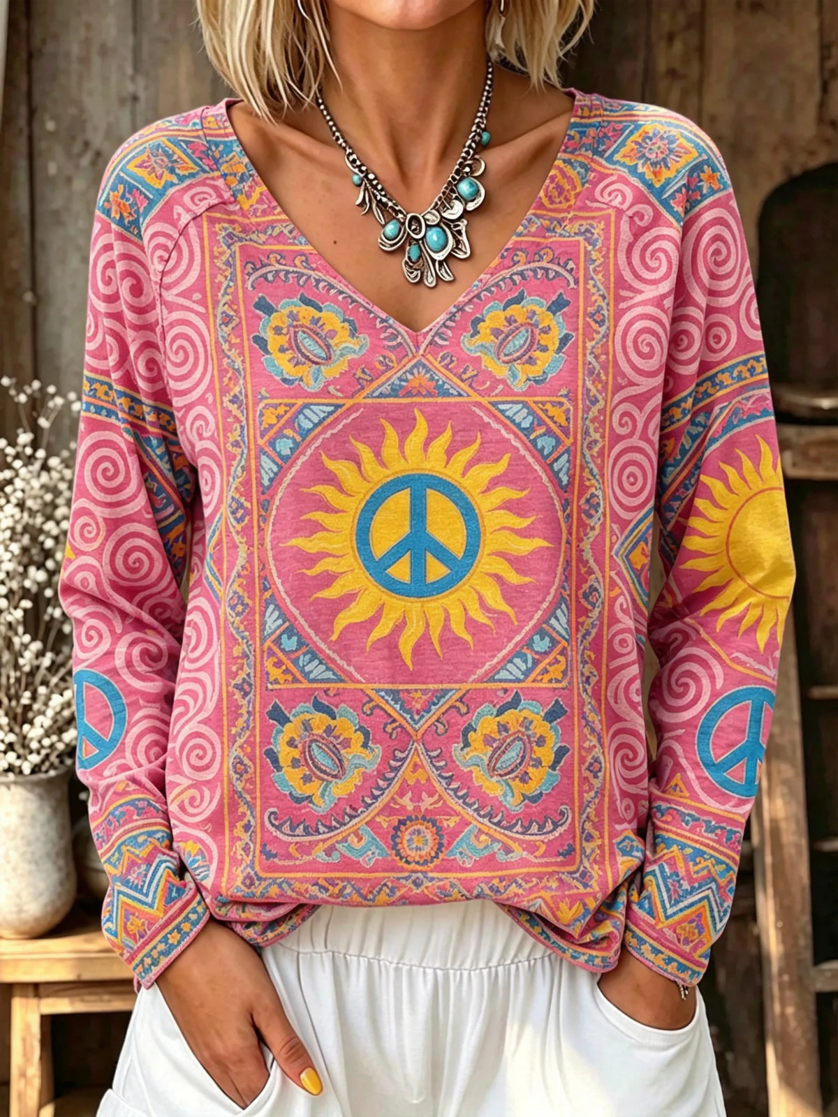 Women Sun Peace Symbol Ethnic Art Print Long Sleeve Top