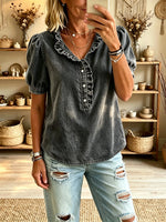 Women's Washed Denim Ruffled V-Neck Puff Short Sleeve Top