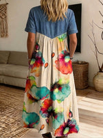 Women’s Denim Spliced Watercolor Floral Loose Midi Dress With Pockets