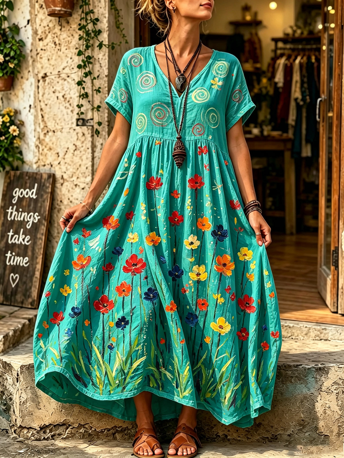Women's Painted Poppy Floral Print Maxi Dress