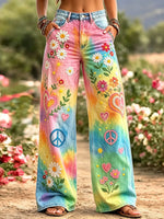 Women's Rainbow Gradient Tie Dye Daisy Heart Peace Floral Print High Waist Wide Leg Jeans