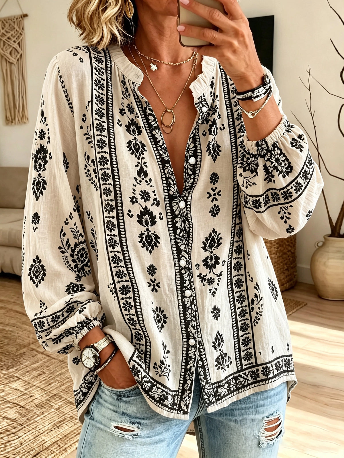 Women's Tribal Print Button-Down Blouse