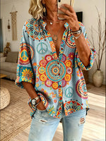 Women Mandala Peace Sign All Over Print Button Down Shirt
