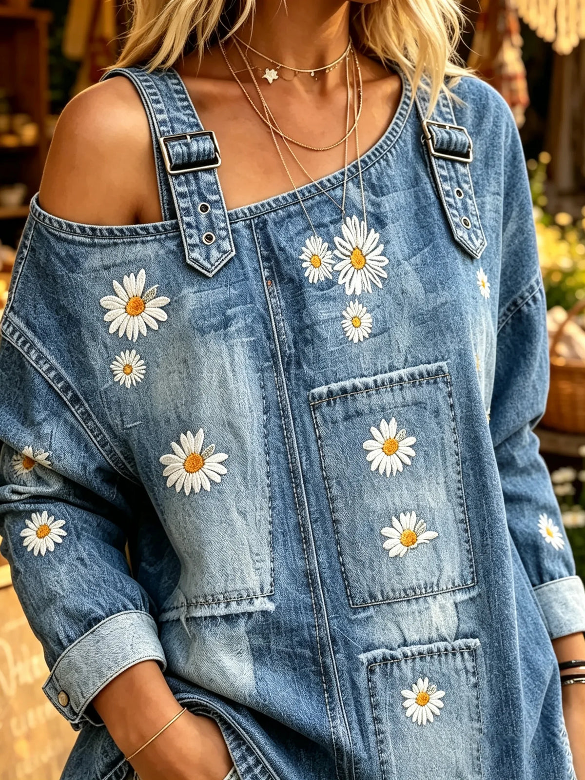Women Daisy Print Asymmetric Off Shoulder Denim Long Sleeve Top