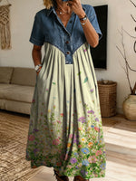 Women’s Denim Spliced Gradient Wildflower Print Shirt Midi Dress With Pockets
