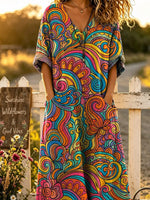 Women's Retro Floral Pattern Art Print Casual V Collar Cotton Linen Long Dress