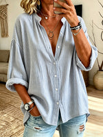 Classic Stripe Pattern Art Print Casual Long Sleeve Cotton Linen Shirt