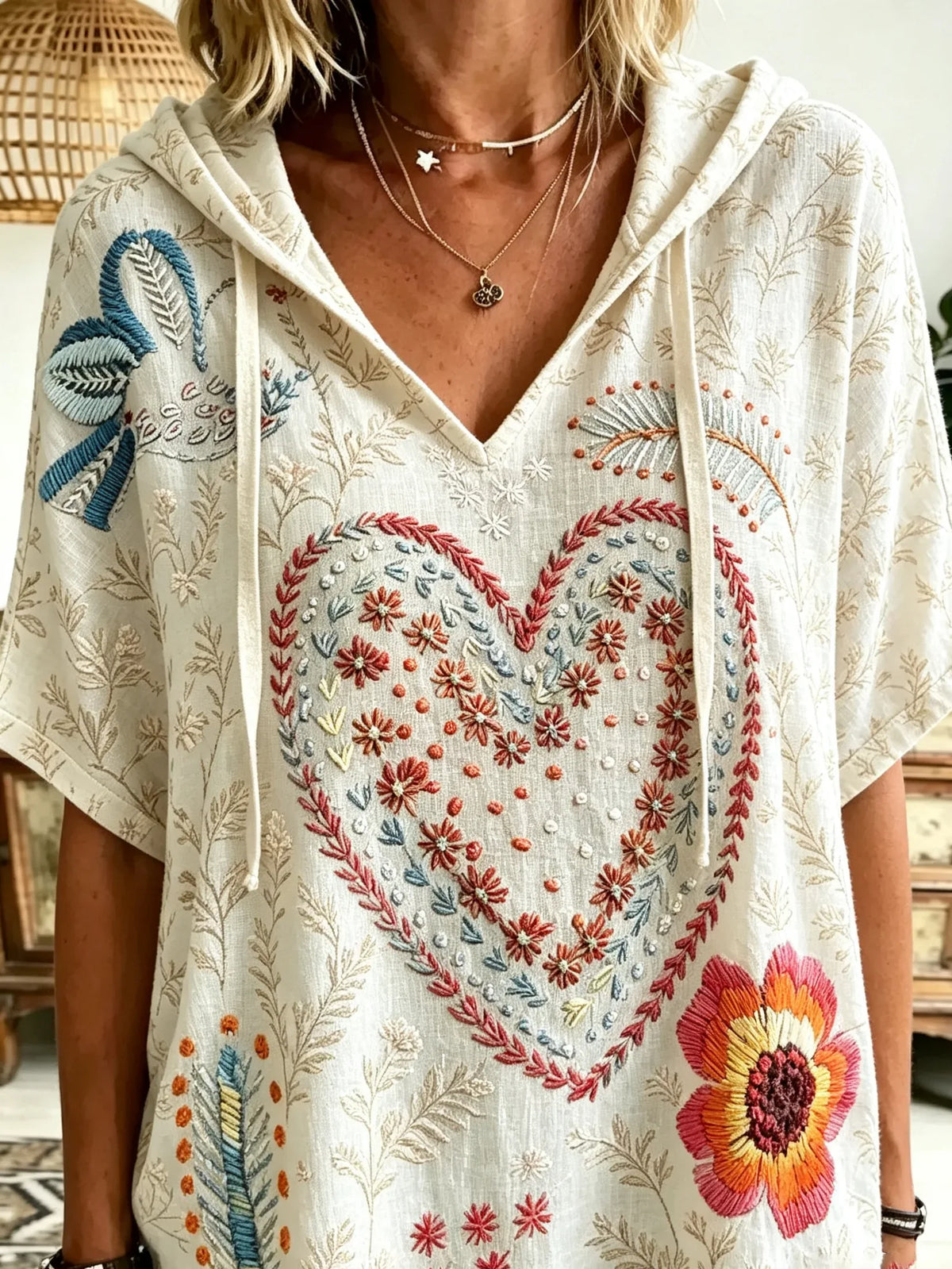 Women Heart Floral Art Print Hooded Short Sleeve Top