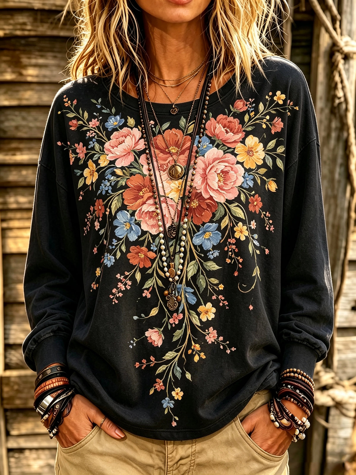 Women's Vintage Floral Bouquet Print Long Sleeve Top