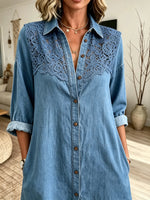 Women's Lace Panel Collared Denim Shirt Dress