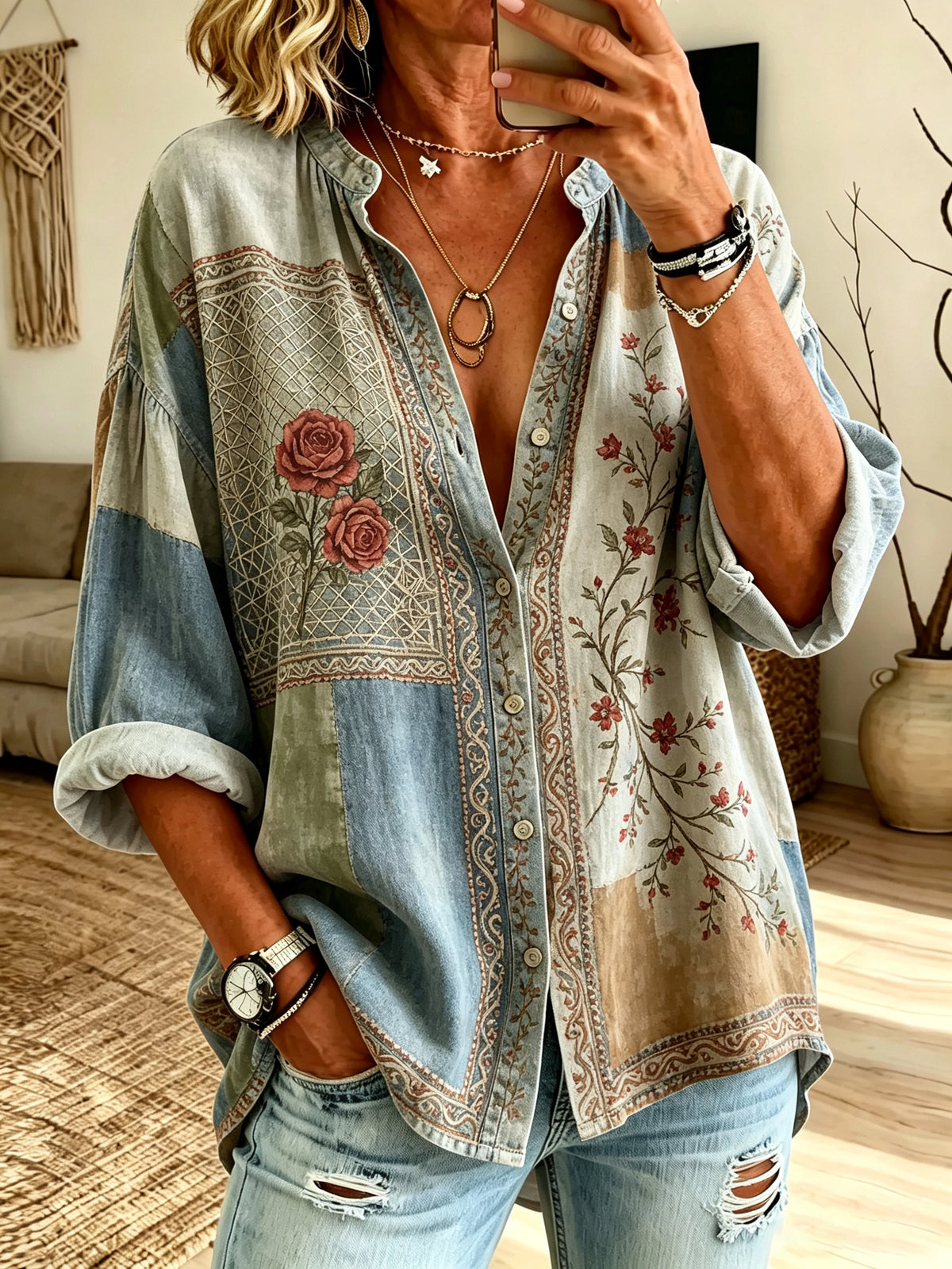 Women's Rose Patchwork Print Button-Down Shirt