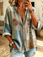 Women's Rose Patchwork Print Button-Down Shirt