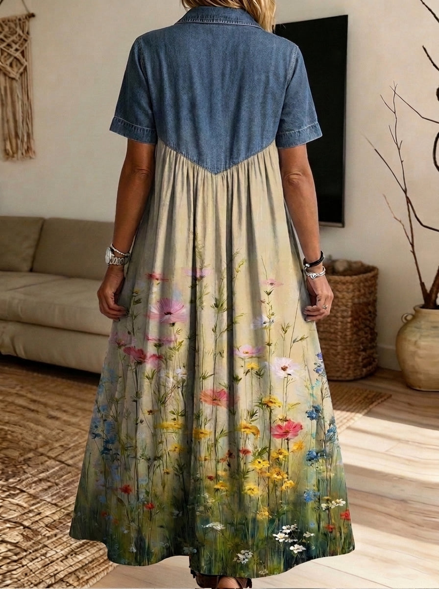 Women’s Denim Spliced Wildflower Meadow Print Midi Shirt Dress With Pockets