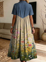 Women’s Denim Spliced Wildflower Meadow Print Midi Shirt Dress With Pockets