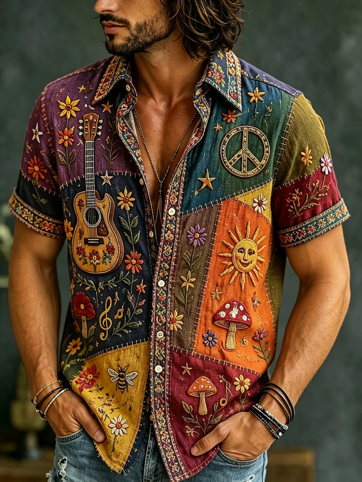 Men's Patchwork Guitar Mushroom Print Button-Up Shirt
