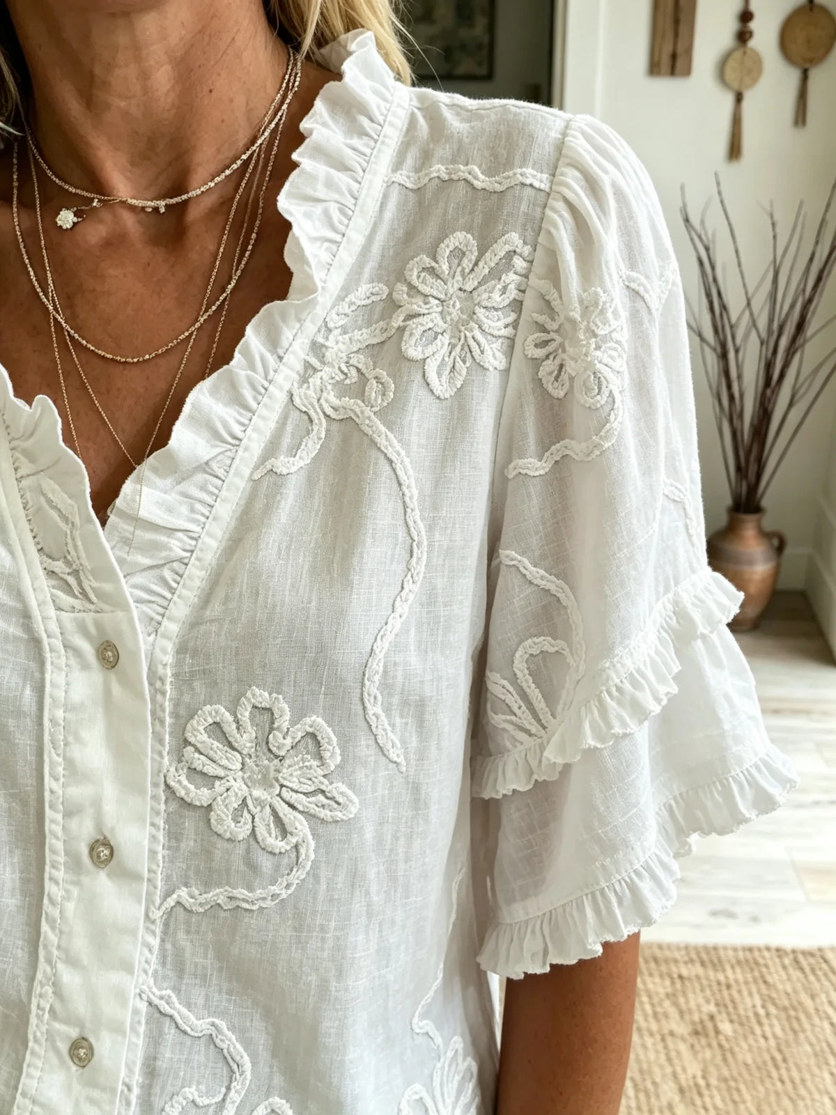 Women's 3D Floral Ruffle Short Sleeve Blouse