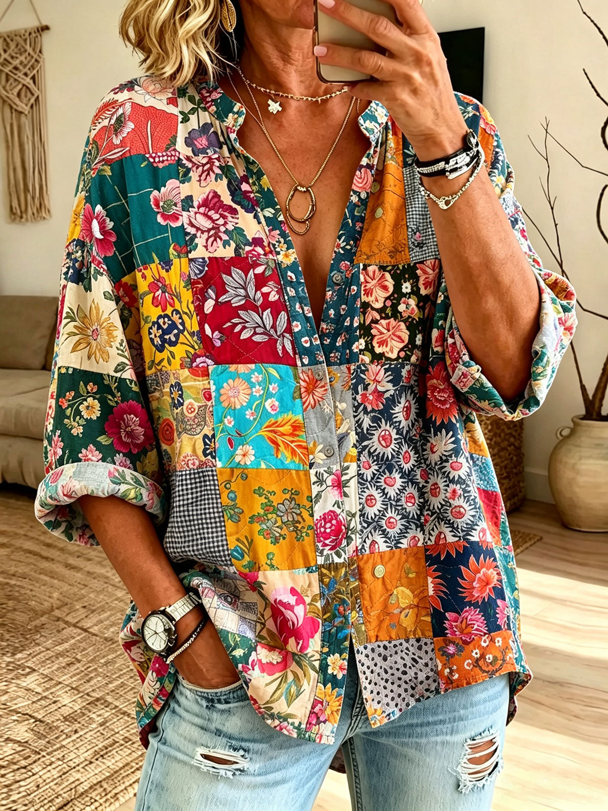 Women’s Colorful Floral Patchwork Ruffle Collar Loose Button Down Blouse
