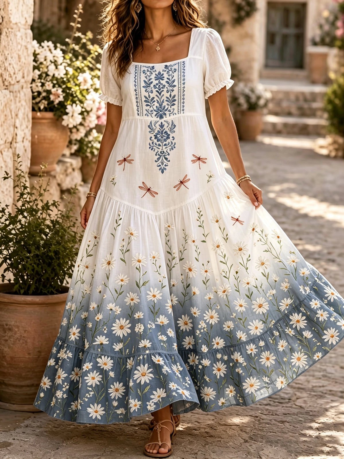Women's Dragonfly Daisy Square-Neck Maxi Dress