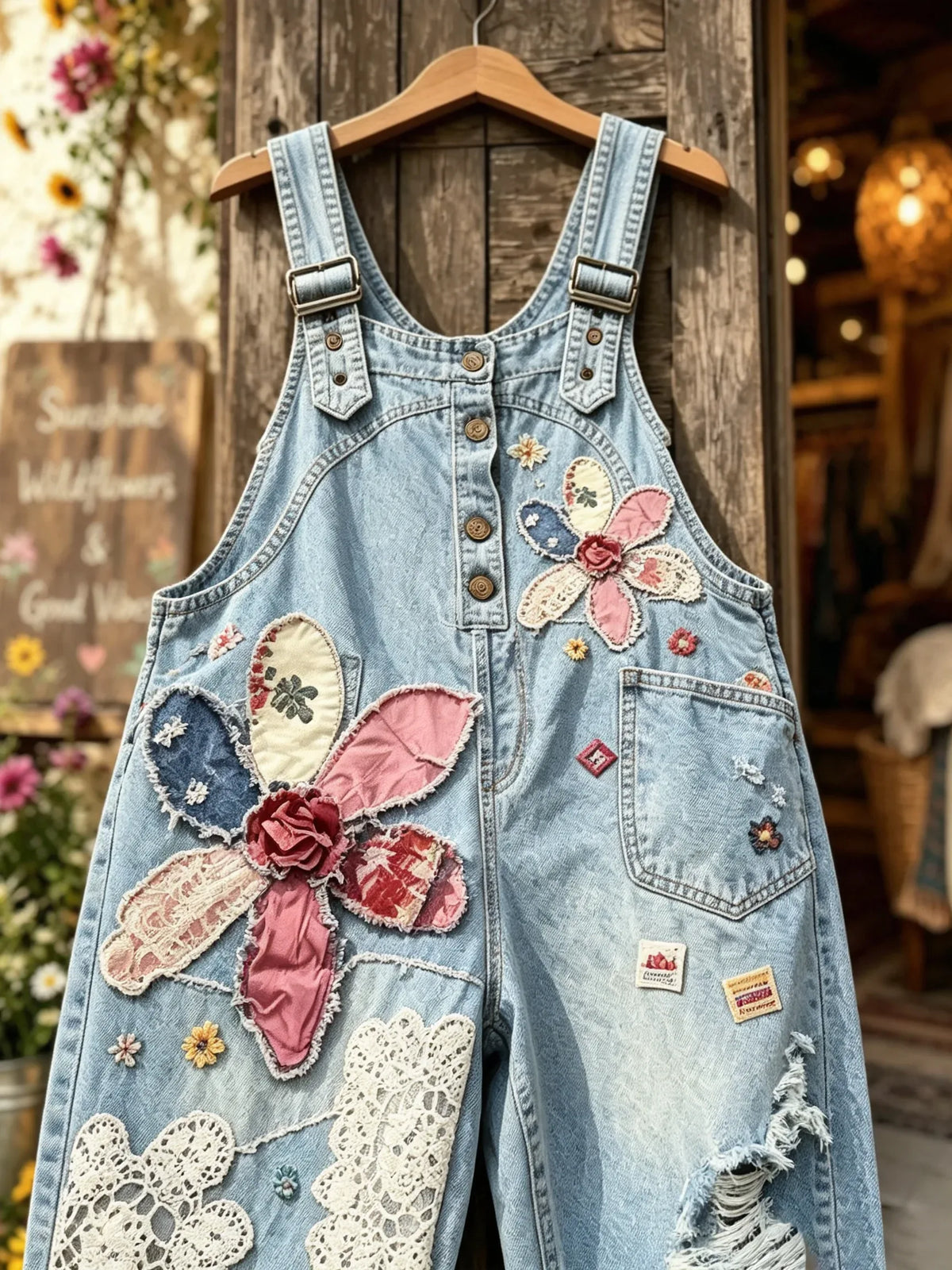Women's Vintage Washed Denim Floral Patch Distressed Straight Leg Overalls