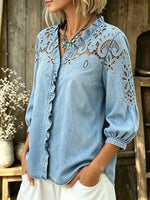 Women's Floral Cutout Ruffle V-Neck Puff 3/4 Sleeve Denim Shirt