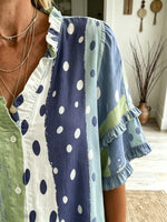 Women's Vertical Stripe Polka Dot Ruffle Short Sleeve Blouse