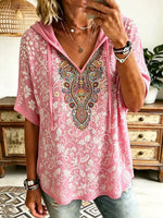 Women Paisley Floral Subtle Art Print Hooded Short Sleeve Top