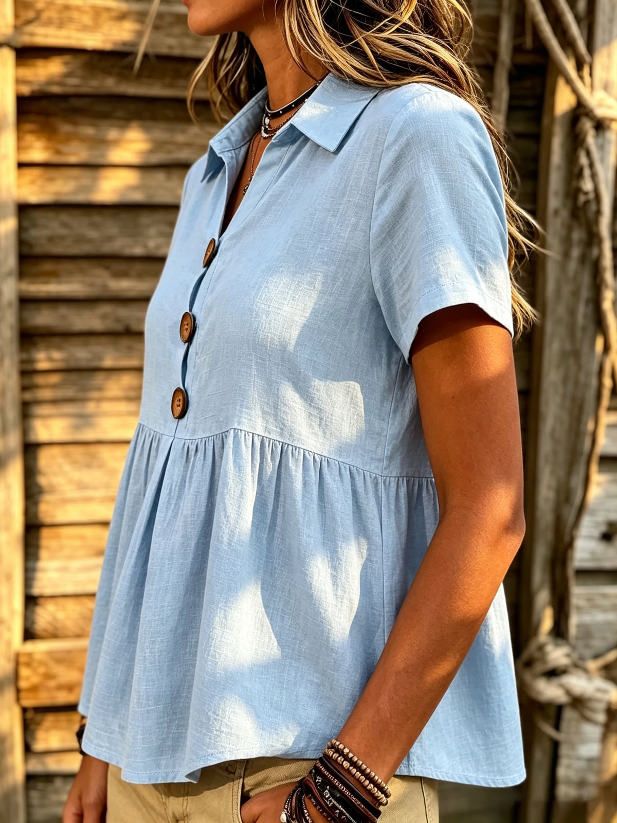 Women's Peplum Button-Front Short Sleeve Blouse