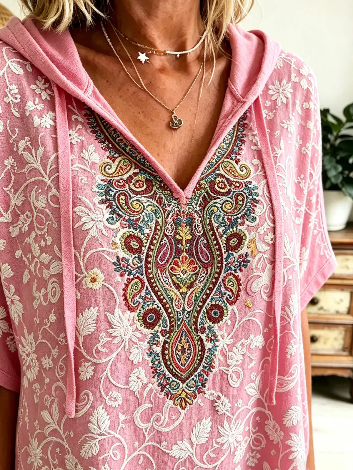 Women Paisley Floral Subtle Art Print Hooded Short Sleeve Top
